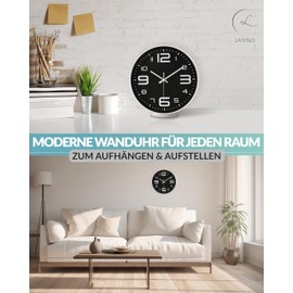 LATENO - Wall Clock for Standing or Hanging - Silent - Classic and Modern - Wall Clock without Ticking Noises - Modern Wall Clock - Wall Clock Living Room - Wall Clocks (White, 30 cm)