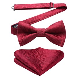 HISDERN Men's Bowtie, One-Touch Paisley Pattern, Bowtie, Chief Set, For Weddings, Hook Type, Easy On/Off, Gift, 04 Burgundy (Paisley)