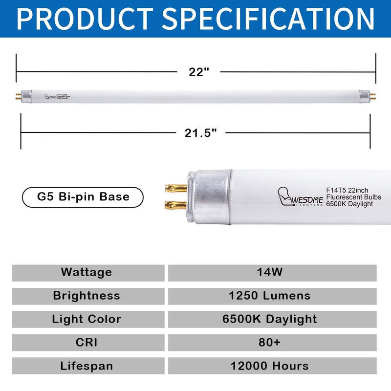 Wesome Lighting 22 Inch F14T5/DL Fluorescent Light Bulb, 6500K Daylight,