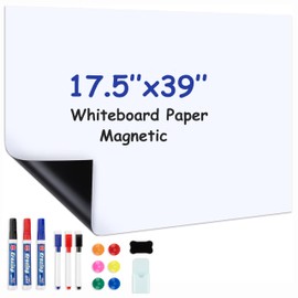 Pechor Magnetic Dry Erase Whiteboard Paper, 17.5"x 39" Self Adhesive White Board Sheet Roll for Wall, Office Home School Supplies with 6 Markers, 6 Magnets,1 Eraser,1 Holder