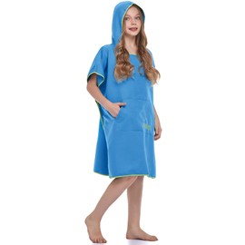FLYILY Beach Changing Towel Quick-Dry Surf Poncho Robe with Pocket Hooded Wetsuit Adjustable Sleeves Surfing Swimming Bathing(Blue,S)
