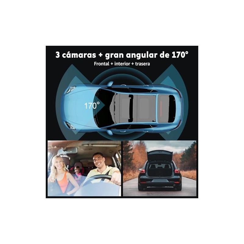 PTHTECHUS®DashCam para Auto, HD 1080P Cámara triples Delanteras y traseras