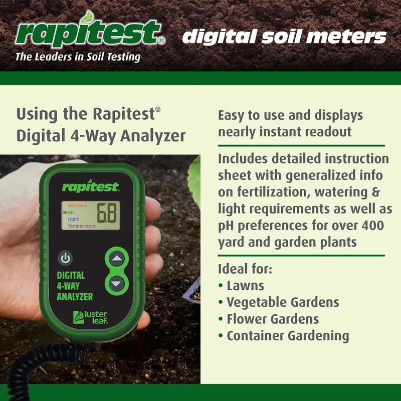Luster Leaf Rapitest 4-Way Digital Soil Analyzer for pH, Moisture,