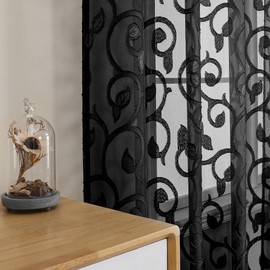 OWENIE Furman Black Sheer Curtains 72 inches Long 2 Panels Set, Light Filtering Top Rod Pocket Semi Sheer Black Door Curtains, Geometric Jacquard Clip Design for Bedroom Living Room, 40Wx72L inch