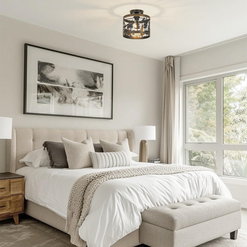 MLGB Rustic Deer & Bear Semi-Flush Mount Ceiling Light, Farmhouse