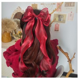 Inilbran Vintage Silk Bow Hair Clips Long Red Silk Bow Hair Clips Chiffon Hair Clip Long Bow Hair Clips Headpiece Silky Bow Hair Accessories for Women and Girls Headpiece