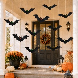 QEKIUII 12 Pack Hanging Halloween Bat Decorations, Plastic Bat Cutouts with Coloured Eye Stickers for Haunted House Parties, Outdoor Garden Tree Porch & Indoor Window Wall Decor