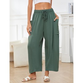 Flygo Women's Wide Leg Pants Summer Casual Loose Fit Beach Palazzo Harem Pants with Pockets(Green-L)
