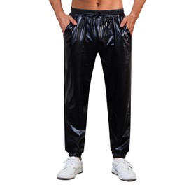 WULFUL Mens Metallic 70s Disco Costume Sequin Party Jogger Pants, Metallic-black, Small