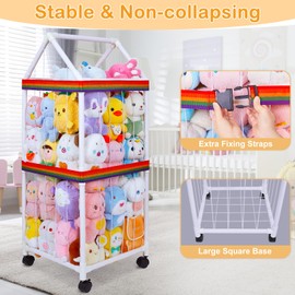 FIOBEE Stuffed Animals Storage Zoo with Wheels 360 Degree Movable Plushies Toy Storage Organizer Large Stuffed Animal Holder Cage with DIY Stickers for Nursery Play Room Kids Room Organization, White