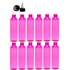 Premium Essential Oil 2 Ounce Cosmo Round Bottles, PET Plastic Empty Refillable BPA-Free, with Black/Natural Twist Top Caps (Pack of 12) (Pink)