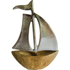 khevga Maritime Decorative Sailing Boat Set of 2 Mango Wood and Metal, Rustic Decoration for Living Room and Bathroom, 10 x 14 and 13 x 18 cm