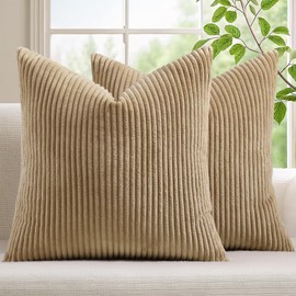 Mecatny Corduroy Decorative Throw Pillow Covers 20x20 Set of 2 for Sofa Bedroom Living Room, Stylish Soft Couch Pillow Covers for Home Decor, Khaki