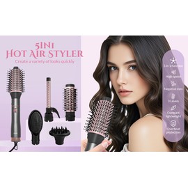 5 in 1 Negative Ion Hair Dryer Brush Blow Dryer Brush Set, Hot Air Styler with Multiple Lengths Suitable for Variable Needs for Hair Curling, 3 Temperature and Wind Settings, Travel Bag Easy to Carry