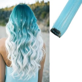 2 x Clip-In Hair Extension Highlights Streaks, Colourful Hair Highlights (Sparkle Light Blue)