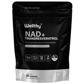 Wellthy NAD+ y Resveratrol 90 Caps. Nicotinamide Adenine Dinucleotide, transresveratrol de Alta Biodisponibilidad, 1000mg Por Porción, VCaps Cápsulas Veganas, Bottle Free.