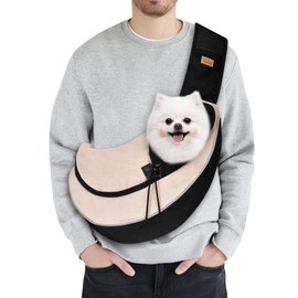 Cuby Pet Sling Carrier for Small Dogs Cats,Drawstring & Zipper Security Hook Triple Design for Pets' Securty Dog Bag,Breathable Travel Puppy Sling Carrier with Adjustable Strap(Beige,L(9.5-13.5 lbs))