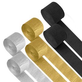 Crepe Paper Streamers, 6 Rolls 492ft Party Streamers, Pack of 6 Black, Silver and Gold Crepe Paper for Birthday Party Wedding Bridal Baby Shower Indoor Decorations (2.37 Inch x 82 Ft/Roll)