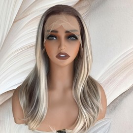 Blonde with Brown Lowlights 13x4 Synthetic Lace Front Wig Pre Plucked Hairline Blonde Blend Natural Straight Shoulder Length 17 Inch Natural Looking Heat Resistant Fiber Wig for Daily