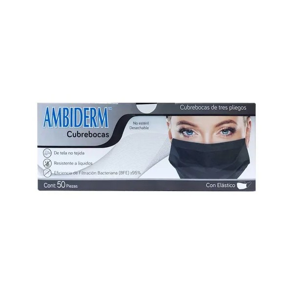 Cubrebocas Ambiderm Negro Plisado Tricapa Termosellado 50pz