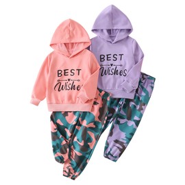 Jolyshlid Girls 4 Pieces Printed Long Sleeve Athletic Pullover Hooded Top and Jogger Camouflage Pants 5-6Y