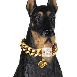 LuxLife Dog Chain Collar Designer Luxury Dog Collar Gold with CZ Buckle 19mm Cuban Link Dog Chain Metal Dog Collars for Puppy Small Medium Large Dogs with Dog tag & Bell(12")