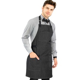 Under NY Sky Chef Apron – Professional Black Denim – Cotton Straps - Smart Pockets - Adjustable for Men and Women – Pro Chef, Cook, Kitchen, Baker, Barista, Bartender, Server Aprons
