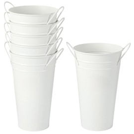 6 Pcs White Flower Buckets, Galvanized Metal Vases,9.8 Inches Flower Vase with Handles, French Flower Bucket，Rustic Farmhouse Vases for Home Decor Wedding Table Centerpiece