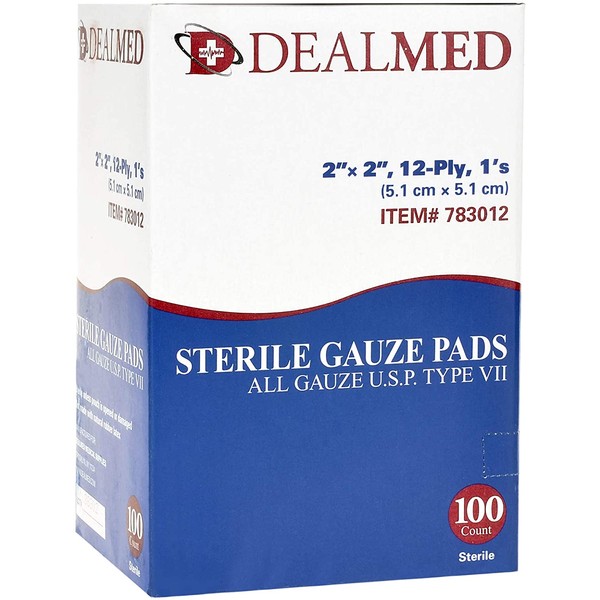 Dealmed Sterile Gauze Pads – 100 Count, 2’’ x 2’’ Gauze Pads, Disposable and Individually Wrapped Medical Gauze Pads, Wound Care Product for First Aid Kit and Medical Facilities
