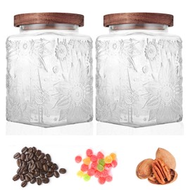 Custde Glass Storage Jars With Airtight Lid, 23.7oz Container For Kitchen Counter with Wood Lid, brown sugar, candy, coffee, cookie, salt, tea, cute Jar (Square Sunflower)