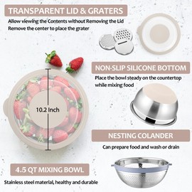 E-far Colander with Mixing Bowl Set, 4-1 Stainless Steel Colander Strainers Bowl with Graters for Kitchen, Rotatable Food Strainer Bowl for Rinsing Fruits Vegetables/Draining Pasta - Khaki