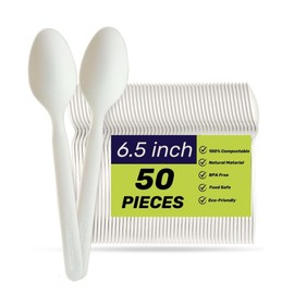 sogreenpack Eco-Friendly Bagasse Disposable Spoons 6.5-Inch (50 Packs) Biodegradable Cutlery Compostable Heavy-Duty Spoon for Eating - Ideal Sugarcane Utensils for Everyday, Parties, Events
