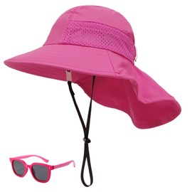 Baby Sun Hat Toddler Kids Boys Girls Wide Brim Beach Hats with Sunglasses UPF 50+ Plain Caps with Neck Flap (2-6_Years, Hot Pink)