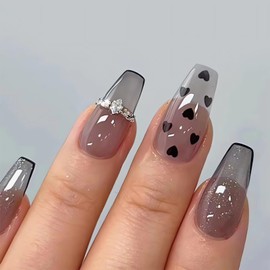 24Pcs Black Heart Press on Nails Long Coffin Fake Nails, White French Tip Press on Nails Glossy Valentine’s Day Acrylic Nails Press on Cute Sparkling Diamond Valentines Heart Glue on Nails for Women