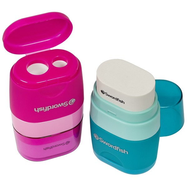 Swordfish ‘Twin Combo’ Double-Hole Pencil Sharpener and Eraser [Pack of 1] Assorted Colours [40296]