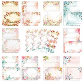 RAORAOYUE 160PCS Stationary Paper and Envelopes Set, 10 Different Style Floral Themed Writing Paper Stationery Set (50 stationery paper + 50 envelopes+60 Sticker)