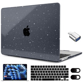 MEEgoodo Glitter Case for M3 MacBook Air 15 inch Case 2024 2023, Fit Model A3114 A2941 with M3 M2, Laptop Shell with Keyboard Cover & Camera Cover & OTG Adapter for 15.3" MacBook Air Case, Star Black