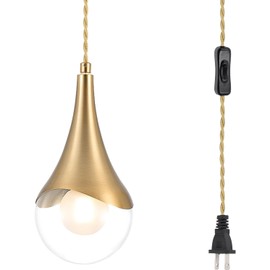 MWZ Gold Plug in Pendant Light,Hanging Lights with Plug in Cord On/Off Switch, Mini Brass Pendant Lights for Kitchen Island,Modern Raindrop Lamps Fixture with Globe Glass Shade for Bedroom