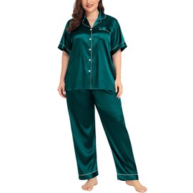 SWOMOG Plus Size Silk Pjs for Women Satin Pajamas Bridal Pajama Set V-Neck Classic Pj Set for Pajama Party 2 Piece Loungewear 24W Dark Green