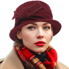 Women 1920s 100% Wool Vintage Cloche Bucket Winter Hat with Bow Knot and Flower (Knot-Burgundy)