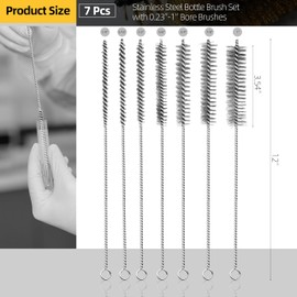 PokShow 7Pcs Wire Tube Brushes Set,Stainless Steel Bottle Brush ,12" Long Wire Bore Brushes for Deep Cleaning Pipes,Tubes,Narrow Spaces, Engine Parts, Home Brew(1/4"-1" Sizes)