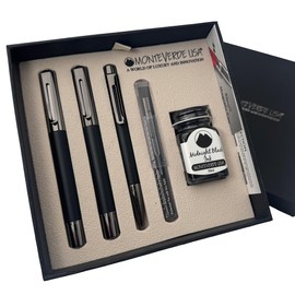 Monteverde Ritma 3+2 Piece Gift Set, Black - Includes Flex Nib Fountain Pen, Rollerball, Ballpoint, 30ml Ink & Refill - Ideal for Creative Writers & Pen Collectors