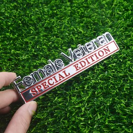 2 Pcs Female Veteran Special Edition Emblems 3D Metal Letters Fender Side Bumper Badge Exterior Women Stickers, Military Decals Fit for Vehicle, Truck, SUV, Door Decoration (Silver Red)