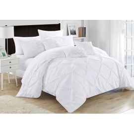 Chic Home 10 Piece Hannah Pinch Pleated, ruffled and pleated complete Queen Bed In a Bag Comforter Set White With sheet set