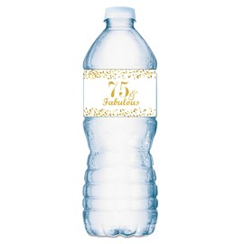 75 & Fabulous Water Bottle Labels; Set of 20 Waterproof Water Bottle Wrappers; Gold and White. Happy Birthday Labels