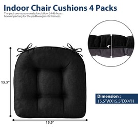 IASEAHK Chair Cushions for Dining Chairs, Seat Cushions for Kitchen Chairs, Indoor Seat Cushions with Ties, Tufted Foam Chair Pads, Non Slip Chair Cushions Set of 4, 15.5" x 15.5" x 4", Black