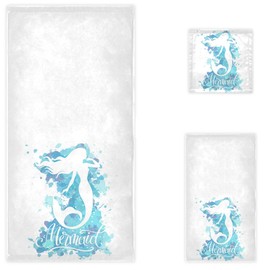 Naanle Beautiful Mermaid Silhouette Soft Luxury Set of 3 Towels, 1 Bath Towel+1 Hand Towel+1 Washcloth, Multipurpose for Bathroom, Hotel, Gym, Spa and Kitchen(White)