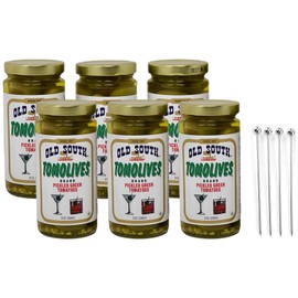 Old South Tomolives Pickled Green Tomatoes 8oz (6 Pack) Bundled with Complimentary 4-count Stainless Steel Cocktail Picks | Ultimate Martini Garnish | Great Cocktail Snack