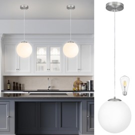 KoKo&Yukina 10 Inch Globe Pendant Lighting for Kitchen Island Mid Century Modern Hanging Light Fixture with Milky White Globe Glass Nickel Finish Hanging Ceiling Lights for Dinning Room (Bulb Incl.)