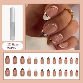 24 Almond Short Fake Nails - Leopard Print Gold - Glossy Press On Nails with Designs - Easy Stick On Nails for Women & Girls